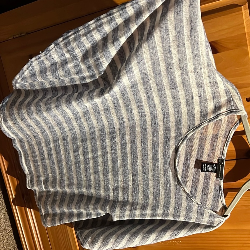 Somewhat sheer blue and white stripe 3/4 sleeve INC top.